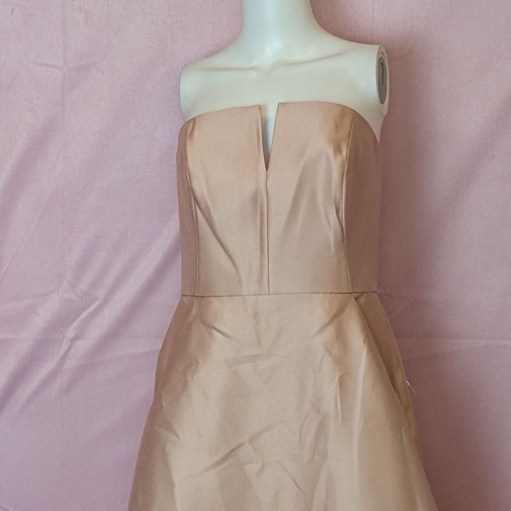 Alfred Sung Sateen Twill Strapless Notch Neck Bridesmaid Dress in Toasted Sugar - Picture 2 of 9